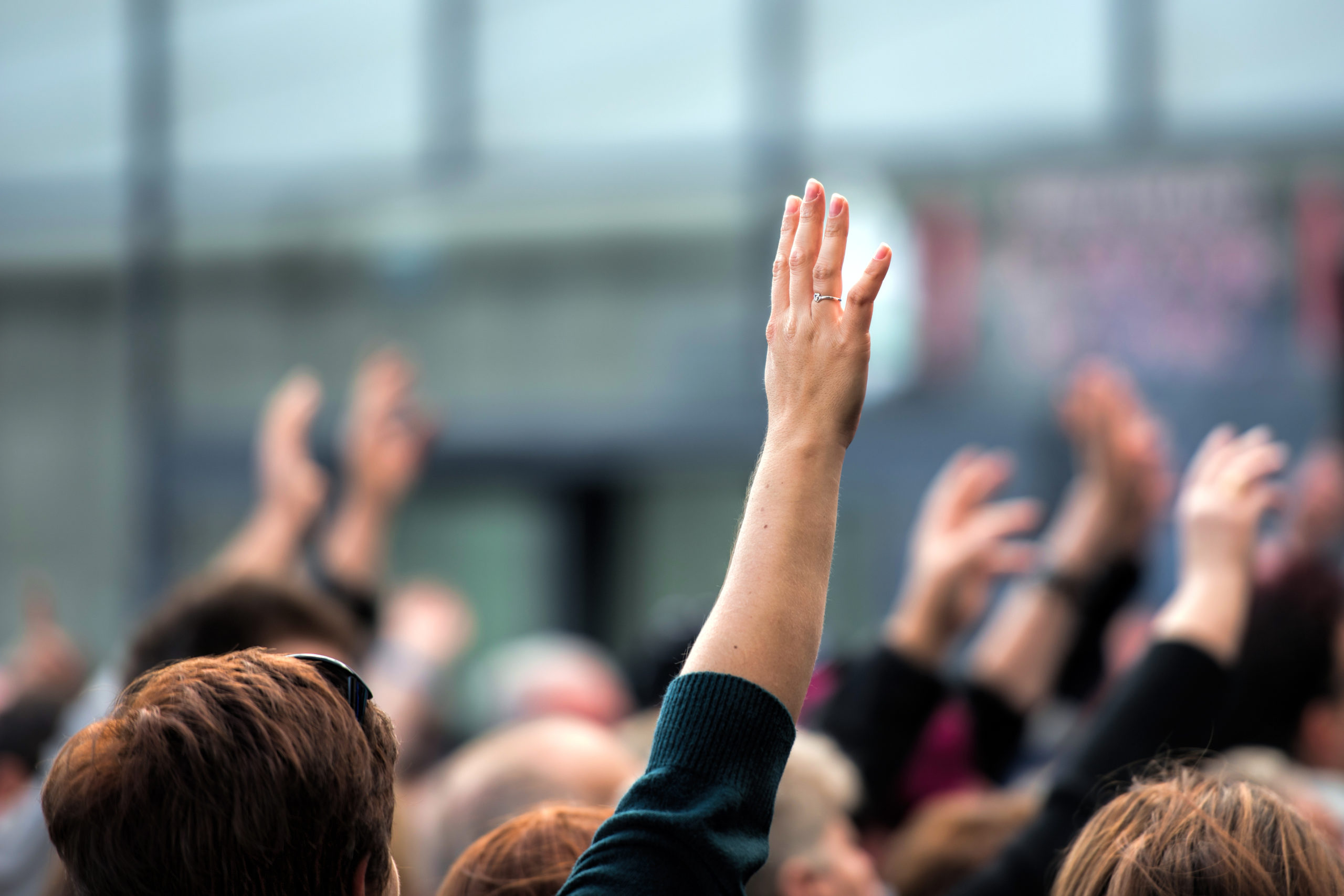 a bunch of students raising hands