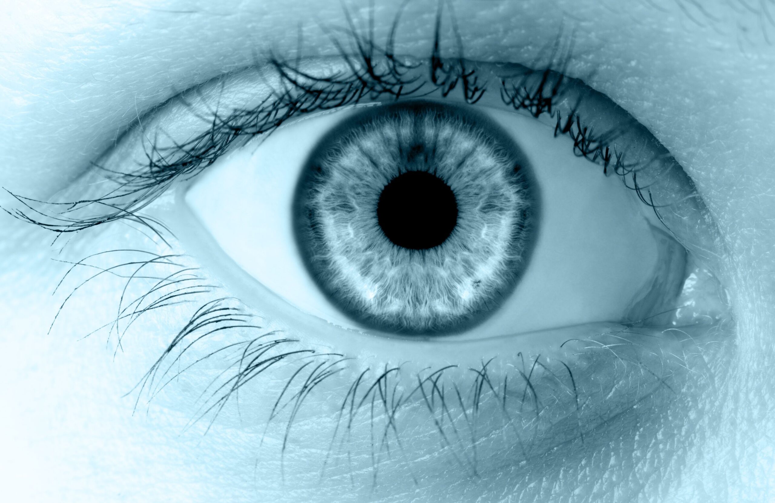 close up of human eye in with overlay of blue