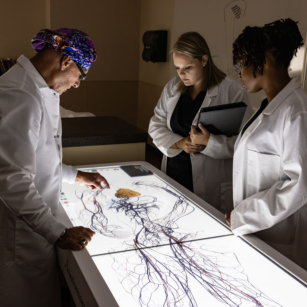 female students and professor at anatomage table