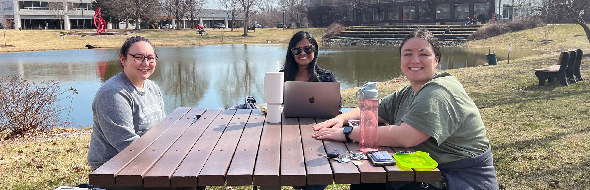 students studying at picnic tables on campus