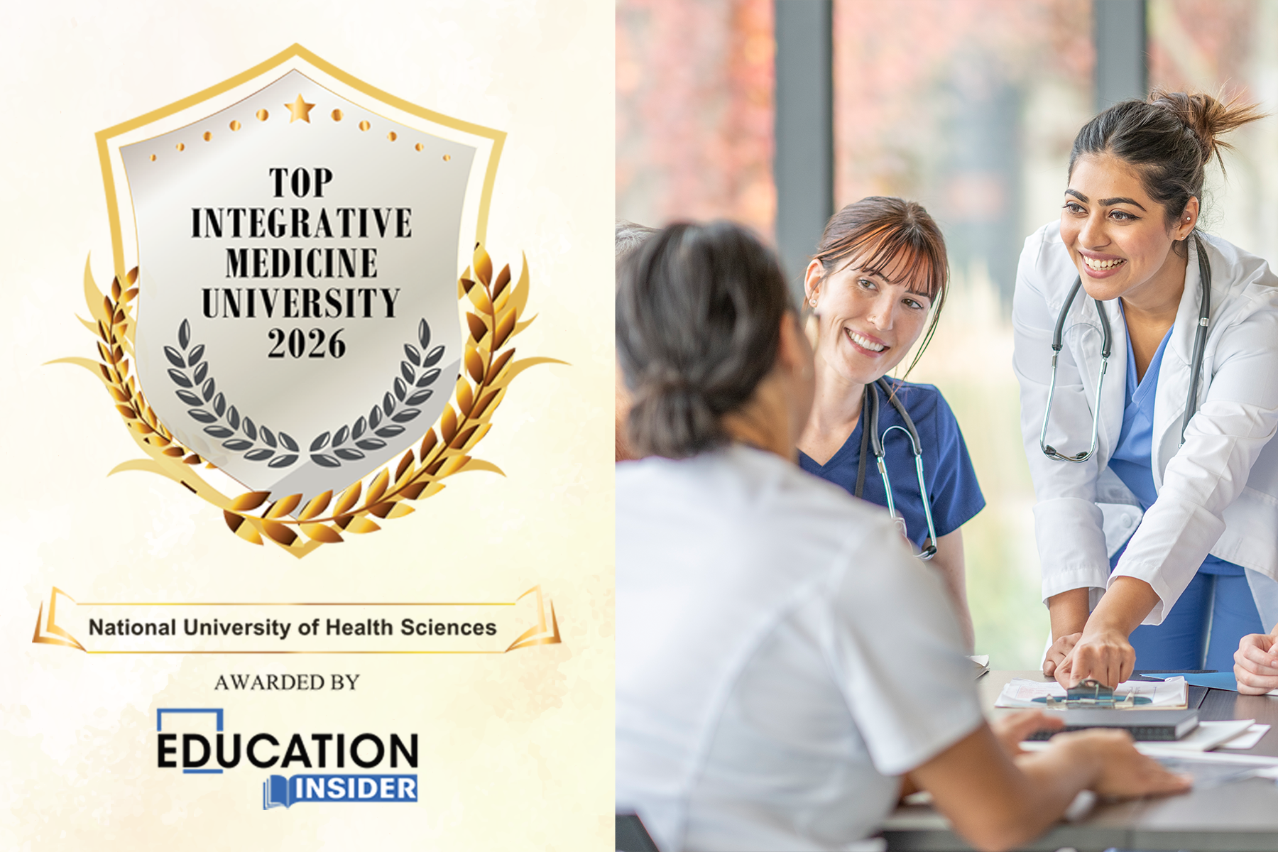 NUHS award badge next to healthcare professionals consulting with a patient