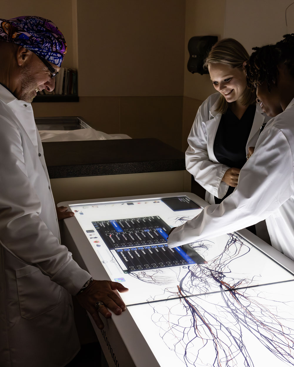 faculty member showing students the anamotage table
